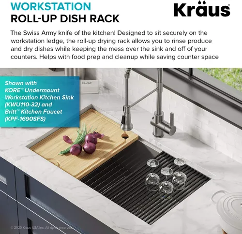 Vista 3 de Kraus Multiusos Escurreplatos Enrollable para Fregadero con Colador y Esterilla en Aqua, KRM-11AQ