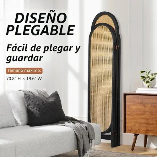 Vista 6 de Divisor de habitación de ratán tejido a mano, 3 paneles, panel divisor de habitación de madera de 5.9 pies de alto, pared divisora de pantalla de 3