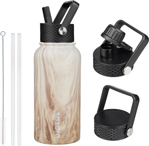 Vista 79 de BJPKPK Botellas de Agua Aisladas con Tapa de Pajita, Botella de Agua de Acero Inoxidable de 18oz, Termo Frío Caliente con 3 Tapas, Vaso de Viaje a