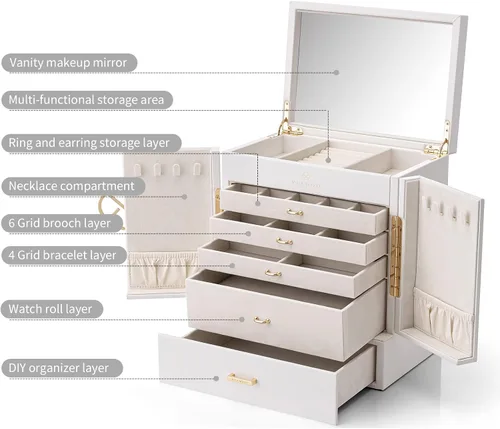 Vista 4 de Vlando Organizador grande de joyería de piel sintética con 5 dibujos, aretes, collares, anillos, cajas de reloj para mujeres y niñas (blanco)