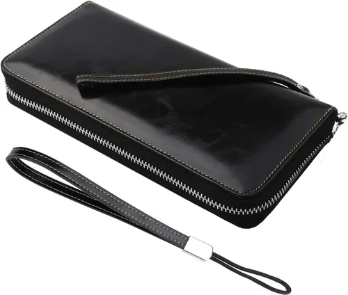 Vista 10 de Lavemi Pequeña cartera compacta para mujer, con bloqueo RFID, de piel auténtica, plegable, con ventanas de identificación