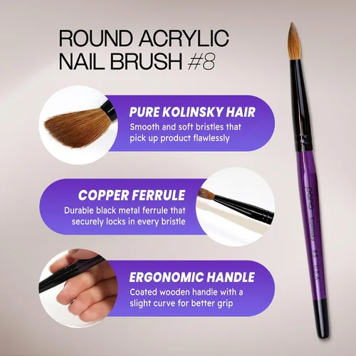 Vista 3 de PANA Pure Kolinsky Cepillo de uñas acrílico con mango de madera - forma redonda Púrpura