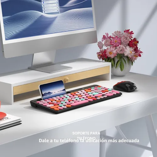 Vista 4 de Combo de teclado y mouse inalámbricos estilo máquina de escribir retro con teclas redondas, teclado inalámbrico USB compacto de 2.4GHz bonito
