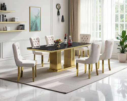 Vista 20 de Juego de mesa de comedor de mármol para 4, mesa de cocina rectangular de mármol negro de 68 pulgadas con base en H de acero inoxidable dorado, juego