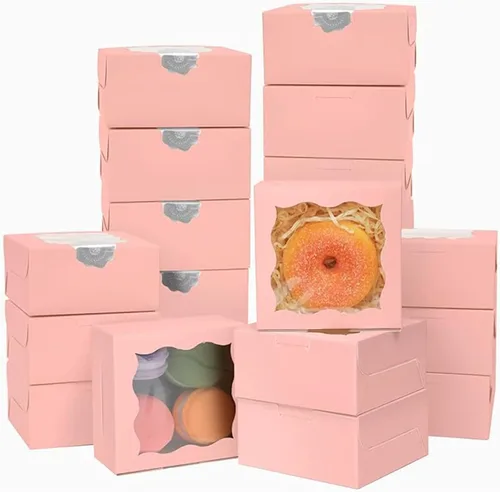 Vista 17 de Bakepacker 60 cajas de papel kraft para panadería con ventana de 6 x 6 x 3 pulgadas de grosor y resistentes cajas de pastelería de macarrones