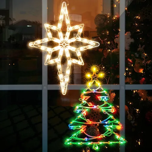 Vista 8 de Paquete de 2 Luces de Ventana de Navidad Iluminadas, Luces de Silueta de Ventana de Navidad, Lámpara de Señal de Doble Cara para Decoración de Pared