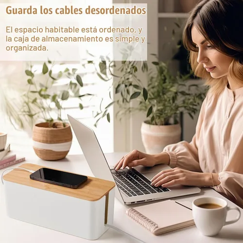 Vista 3 de Caja de ordenamiento de cables blanco con tapa de bambú, organizador de cables, caja de gestión de cables para ocultar cables y enchufes