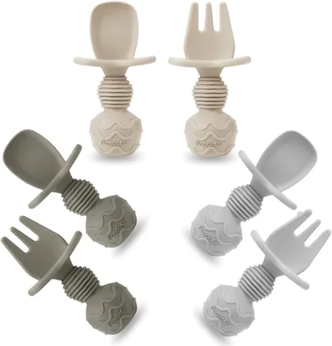 Vista 2 de PandaEar Cucharas de silicona para bebés y utensilios para niños pequeños (bronceado claro/nogal/azul)