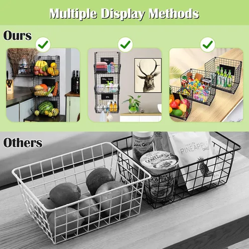 Vista 8 de X-cosrack Cesta de Alambre de Metal para Montar en Pared, Organizador de Almacenamiento de Pared de 3 Niveles con Ganchos Colgantes y Pizarras