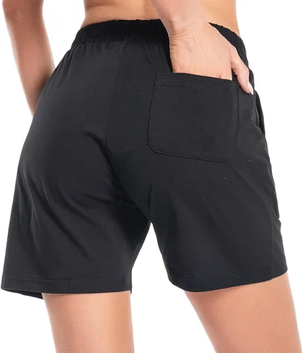 Vista 2 de Pantalones cortos de algodón para mujer de 5 pulgadas, pantalones cortos con bolsillos profundos para descansar, gimnasio, yoga, caminar, atletismo