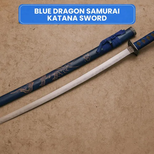 Vista 5 de SZCO Espada Katana Samurai de dragón azul de 40 pulgadas, hoja de acero al carbono con vaina de madera, mango envuelto en cordón, espada ninja