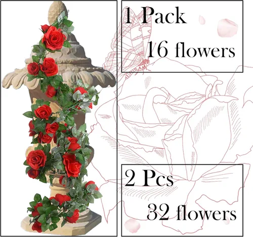Vista 4 de Paquete de 2 guirnaldas de rosas artificiales de vid de rosas falsas, plantas y vides, decoración de hojas florales para decoración de bodas