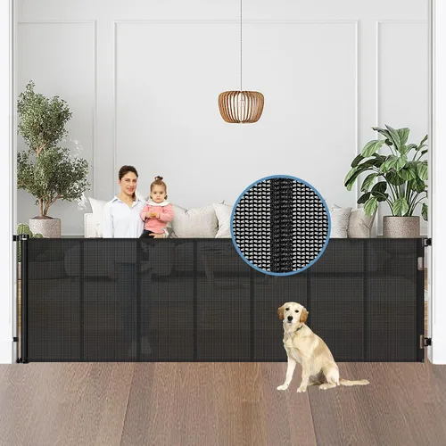 Vista 10 de Puertas retráctiles reforzadas para bebés con varillas de soporte, se extienden hasta 55" de ancho, puerta retráctil para perros para entradas