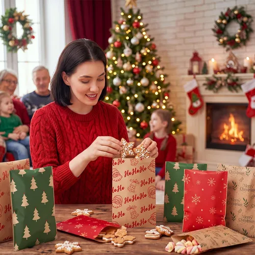 Vista 7 de Pasimy 100 bolsas de papel kraft de Navidad autoadhesivas, a la moda