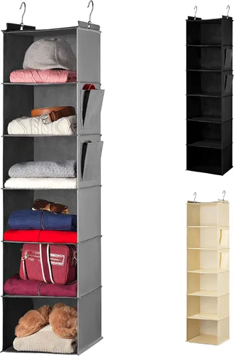 Vista 7 de Handy Laundry Organizador colgante para armario, 6 estantes para ropa, suéteres, zapatos y accesorios, estantes de armario que ahorran espacio
