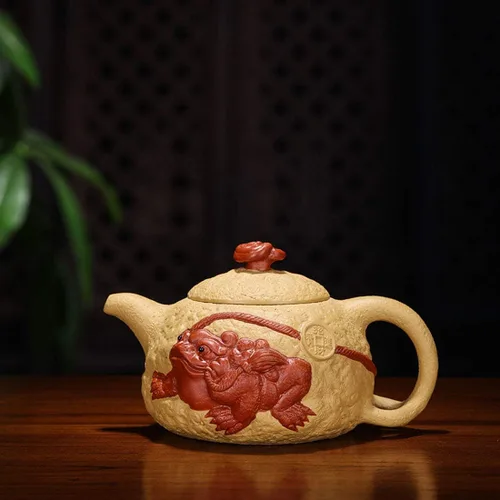 Vista 2 de Tetera china Zisha arcilla tetera cerámica hecha a mano Gongchun Lucky Money Toad Tea Pot Amarillo Dorado Duan Barro Kungfu Hervidor