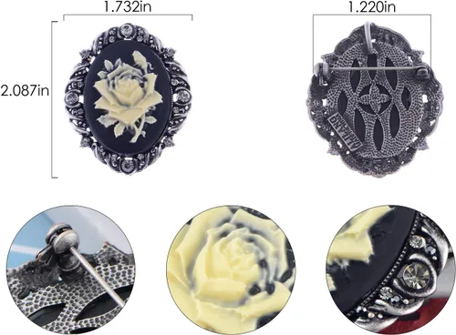 Vista 6 de Alilang Broche de pasador de camafeo con flores de cristal rosa antiguo inspirado en la vendimia Negro