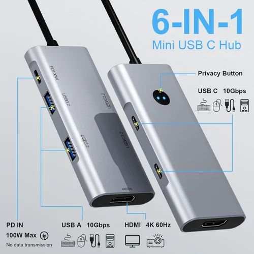 Vista 2 de Concentrador USB C 6 en 1, adaptador multipuerto HDMI USB-C 4K 4K @60Hz HDMI, 2 USB-C y 2 USB-A 10Gbps, 100W PD, botón de privacidad