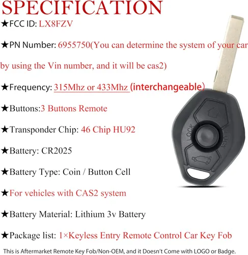 Vista 5 de MechanMagic Llavero de Mando a Distancia de Reemplazo Compatible con BMW 3 5 6 Series M3 X3 X5 Z4 2000 2001 2002 2003-2009 LX8FZV CAS2 E46 E83 E53