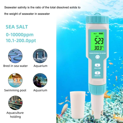 Vista 6 de Medidor de pH 7 en 1 Gomass 0.01 Probador de pH de alta precisión digital para agua TDS/EC/Salinidad/Temp/ORP/S. G/PH Probador de pluma de agua