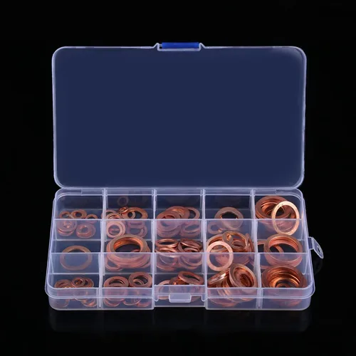 Vista 4 de 150pcs Copper Flat Washer Assortment Kit in Storage Box Plain Metal Spacers for Electrical Thermal Conductivity Load Distribution Screw Preload