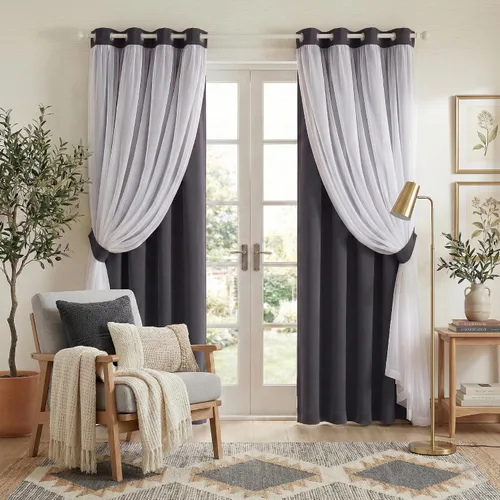Vista 29 de PONY DANCE Cortinas Opacas con Superposición de Gasa, Cortinas de Doble Capa con Aislamiento Térmico Mix & Match para Oscurecer Habitaciones