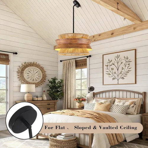 Vista 8 de Lámpara de araña de ratán tejida a mano de 19.7 pulgadas para comedor, lámpara bohemia de granja de 4 luces con textura de madera, lámpara colgante