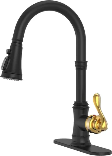 Vista 10 de BWE Grifo de cocina negro con rociador extraíble, 3 modos de pulverización, grifo de fregadero de cocina de arco alto de una sola manija
