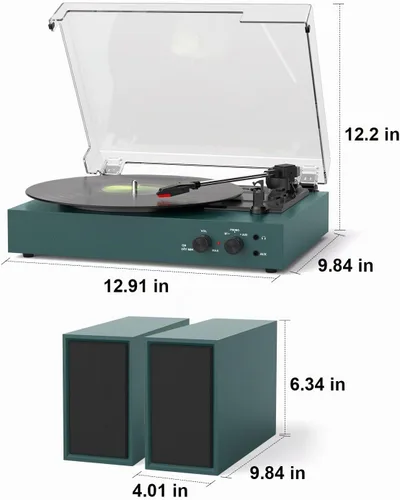 Vista 11 de Reproductor de discos Bluetooth retro con altavoces externos, tocadiscos de 3 velocidades con transmisión por correa, grabación USB a PC, salida AUX