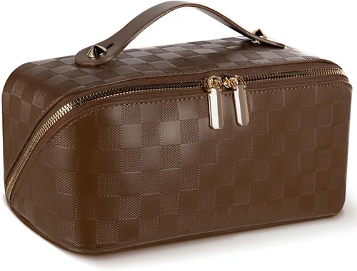 Vista 10 de Abiudeng Bolsa de maquillaje de viaje de gran capacidad para artículos esenciales de viaje, organizador de maquillaje plano abierto con divisor