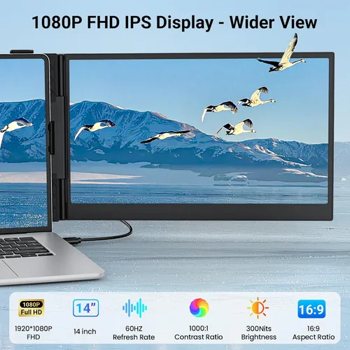 Vista 2 de Extensor de pantalla triple para portátil de 14", monitor portátil 2-Negro