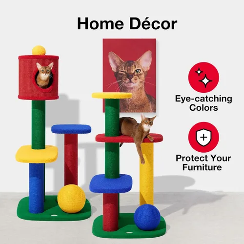 Vista 8 de VETRESKA Torre para gatos de varios niveles de 38.6 pulgadas, árbol para gatos con plataforma, postes rascadores de sisal y bola para rascar, centro