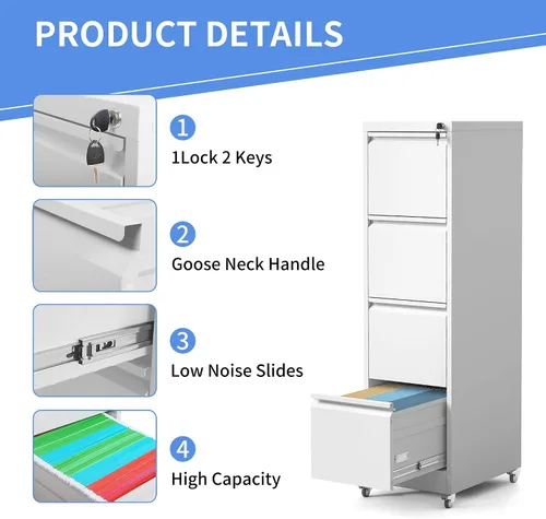 Vista 4 de Archivador de 4 cajones con ruedas, archivador de metal con cerradura y ruedas, almacenamiento rodante para oficina en casa, archivadores verticales