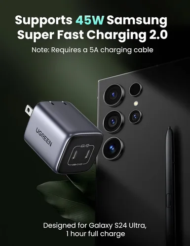 Vista 3 de UGREEN Cargador USB 45W C para iPhone 17, Bloque de Carga de Pared GaN PPS Plegable de 2 Puertos Nexode Soporta Carga Súper Rápida Samsung 2.0