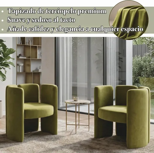 Vista 4 de Silla de terciopelo con diseño de barril, sillas auxiliares, color verde oliva