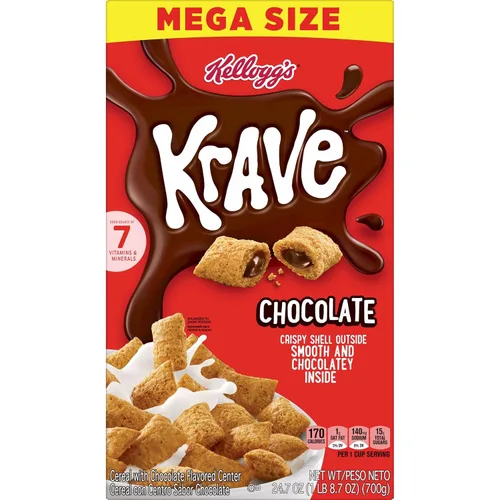 Vista 6 de Kellogg's Krave Cereal de desayuno frío, cereales para niños, desayuno familiar, tamaño familiar, chocolate, caja de 17.3 onzas (1 caja)