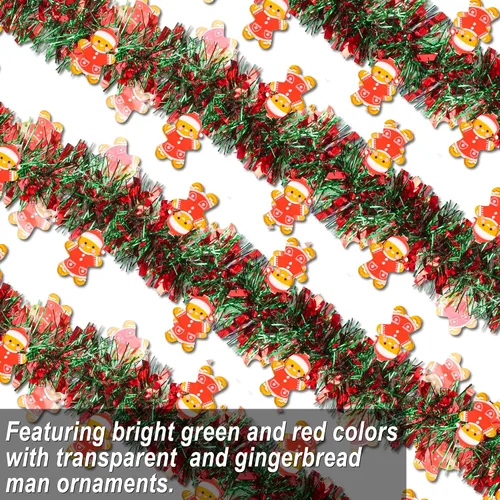 Vista 5 de Guirnalda de oropel de Navidad de 50 pies con adorno de hombre de jengibre, guirnalda metálica brillante roja y verde para árbol de Navidad, hogar