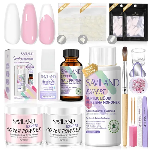 Vista 35 de Saviland Kit de iniciación de uñas acrílicas: polvo y líquido acrílico rosa claro nude, cepillo, limas, formularios, uñas a presión, juego