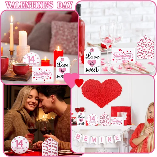 Vista 7 de 10 piezas de decoración de gnomos de San Valentín (bandeja no incluida), forma de corazón de madera de San Valentín y guirnalda de cuentas