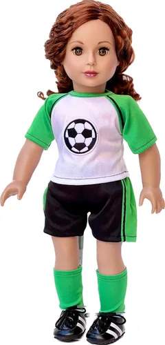 Vista 2 de Soccer Girl - Traje de fútbol de 4 piezas - Camisa, pantalones cortos, calcetines y zapatos - Ropa para muñecas de 18 pulgadas (toll no incluido)