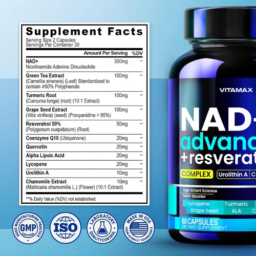 Vista 7 de Suplemento liposomal NAD+ extra fuerte Urolitina A, resveratrol, CoQ10 - Mujeres y hombres - ALA, té verde, quercetina, licopeno Alta pureza