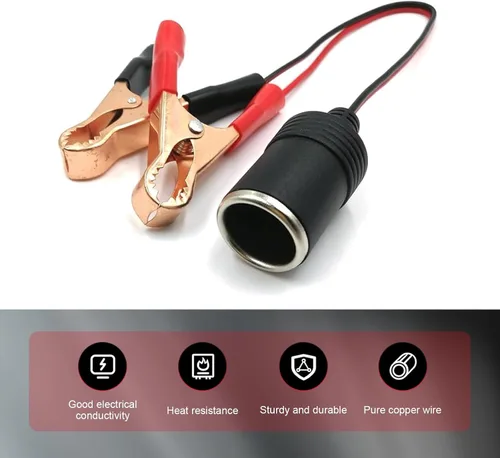 Vista 7 de 2 enchufes para encendedor de cigarrillos, 13.78 pulgadas, enchufe hembra de 12 V, cable de extensión con clips de cocodrilo, universal