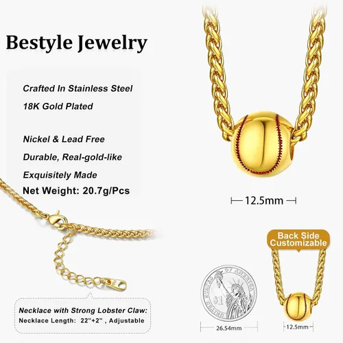 Vista 5 de Bestyle Collar con colgantes de bola vívida para hombre, acero inoxidable sólido, fútbol, baloncesto, voleibol, pelota de rugby, béisbol, plateado