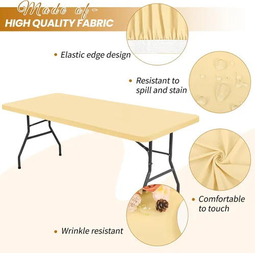 Vista 3 de Paquete de 6 fundas de tela elástica para mesa, color beige, para mesas de 8 pies, protector de mantel rectangular universal lavable y elástico
