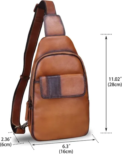 Vista 5 de LRTO Bolso bandolera de cuero genuino - Mochila de cuero hecha a mano para mujeres y hombres - Crossbody, bolsa de pecho