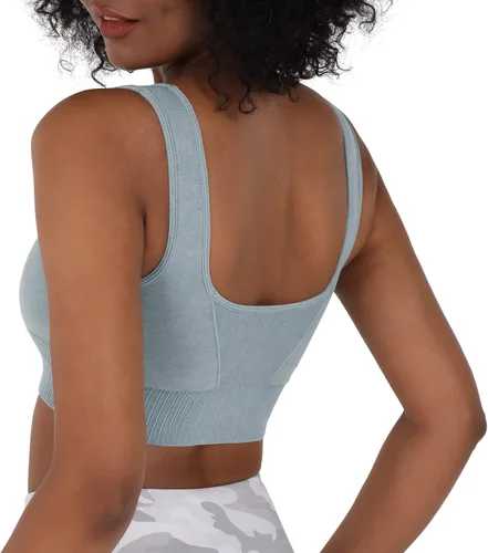 Vista 2 de ODODOS Sujetador deportivo sin costuras con cuello cuadrado para mujer, camiseta sin mangas acanalada, casual, espalda baja