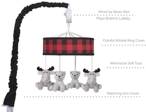 Vista 3 de Trend Lab Buffalo Check - Móvil para cuna de bebé con música, brazo móvil para cuna para rieles de cuna estándar
