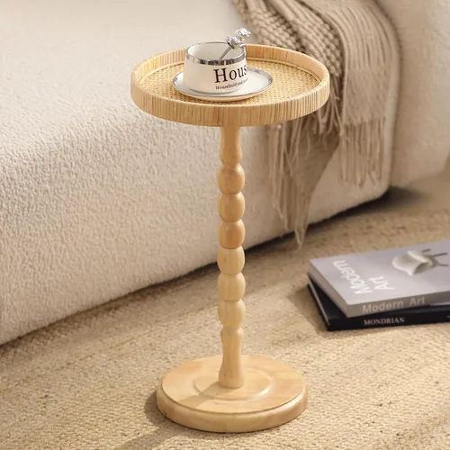 Vista 9 de Mesa pequeña para bebidas, mesa auxiliar redonda de ratán para espacios pequeños, mesa auxiliar bohemia con patas de madera maciza para sala