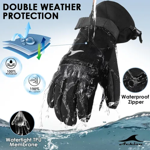 Vista 2 de Achiou Guantes de esquí impermeables para snowboard, guantes de invierno para clima frío para hombres y mujeres, guantes de nieve con pantalla táctil