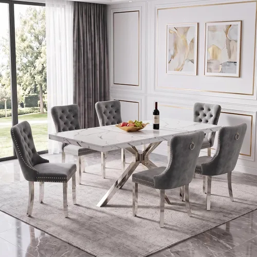Vista 20 de Henf Mesa de comedor de mármol sintético blanco de 70 pulgadas para 4-6 personas, mesa de cocina rectangular moderna con mesa de mármol sintético